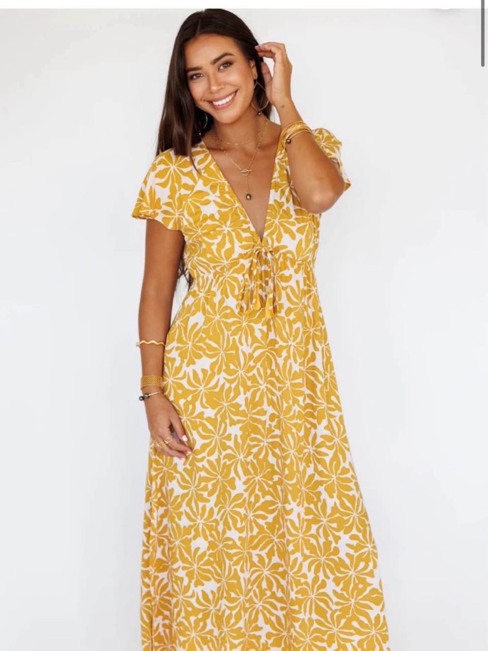 Fighting Eel Yellow Floral Tie-Front Maxi Dress